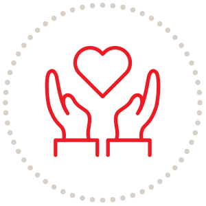Red outline of hands cupping a heart, within a dotted circle.