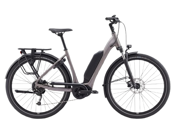 Bicicleta eléctrica gris con guardabarros, portabultos y frenos de disco.