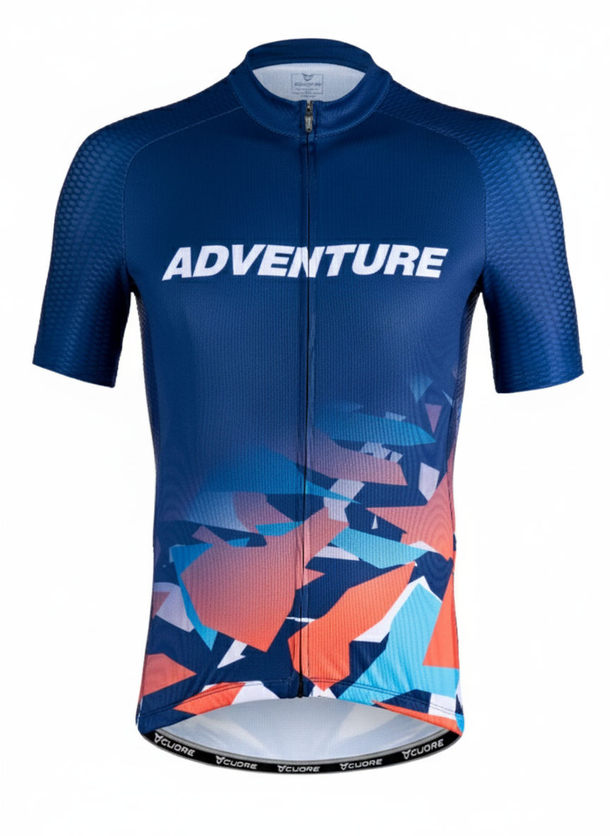 Equipación ciclista: maillot azul marino con rayas arcoiris, culotte negro con rayas a juego.