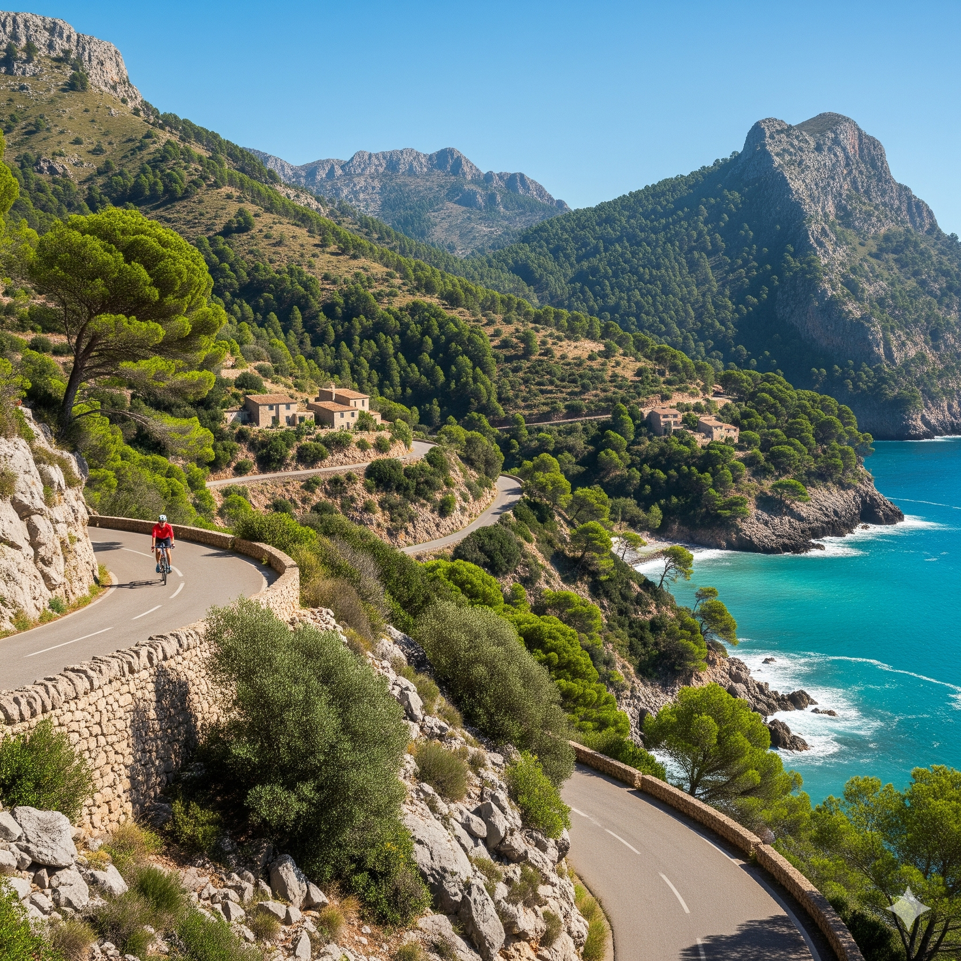 Ciclista en una sinuosa carretera costera, agua turquesa, montañas verdes, día soleado.