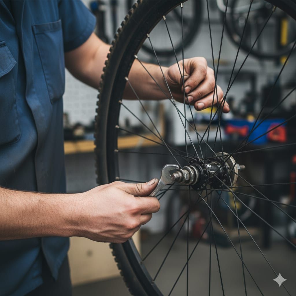 Bicicleta de montaña negra en un soporte de reparación en un taller, herramientas en la pared.