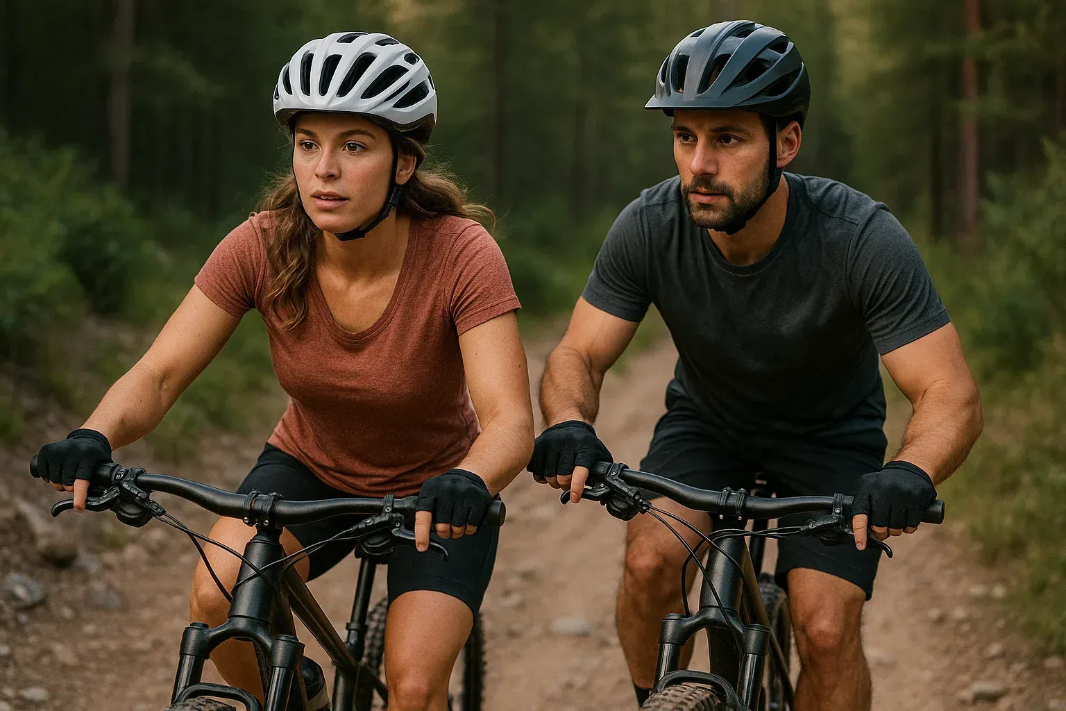 Dos ciclistas viajan en bicicletas de carretera por una carretera costera al atardecer.
