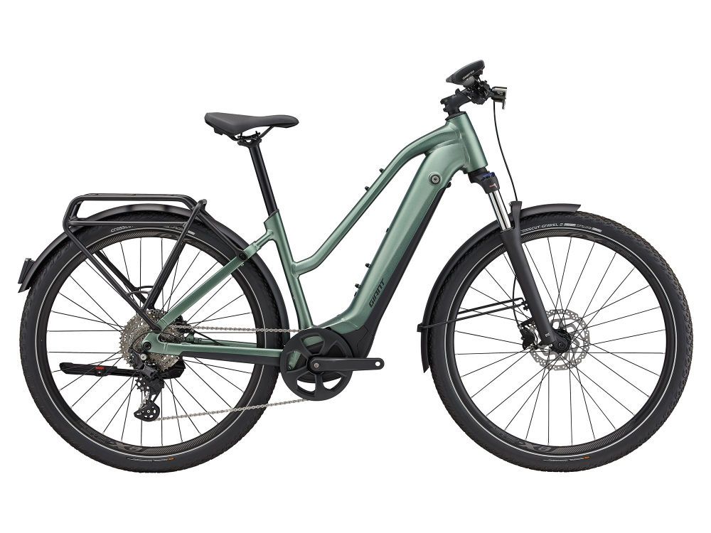 Bicicleta elèctrica verda amb parafangs, portaequipatges posterior i suspensió davantera.