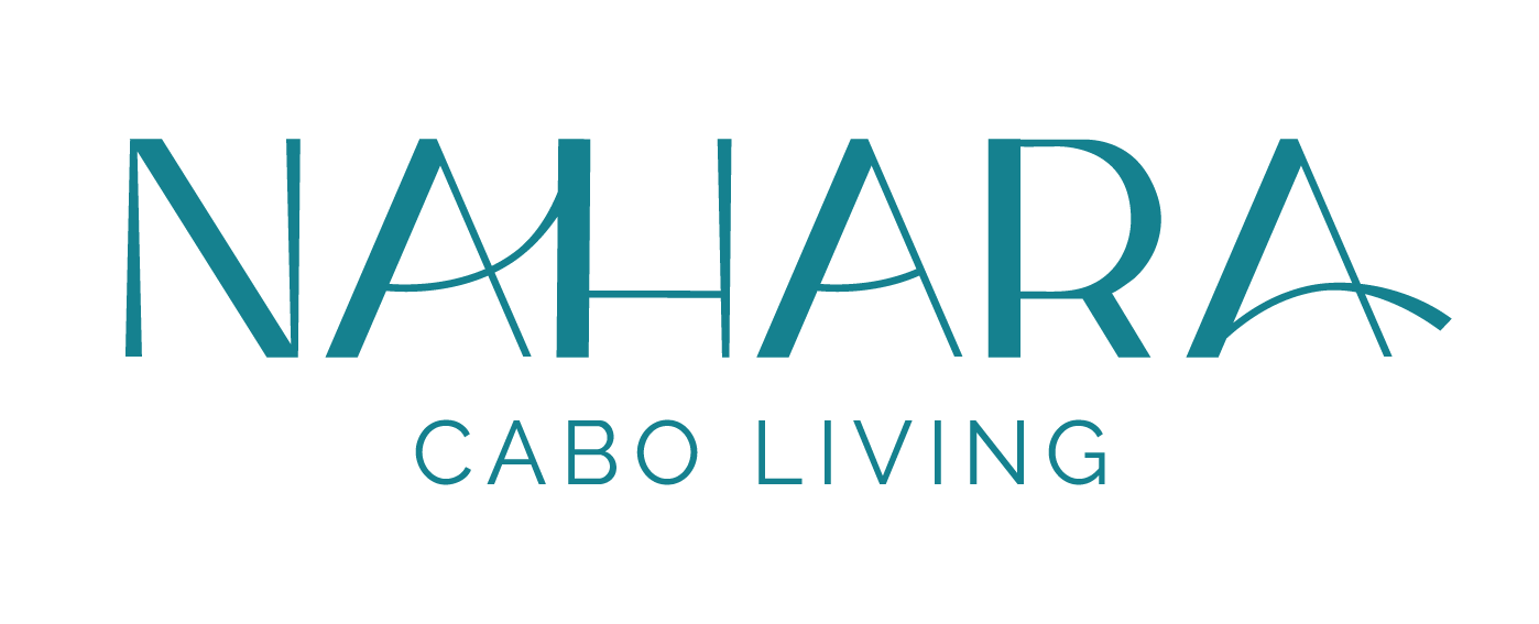 The logo for nahara cabo living is blue and white.