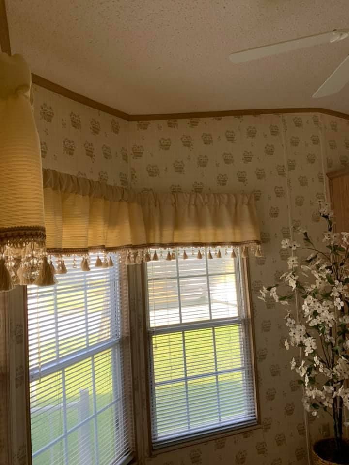 Windows with blinds, valance, and wallpaper; a large plant in a pot is visible.