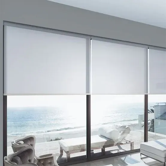 White roller shades cover windows overlooking a sunny ocean view.