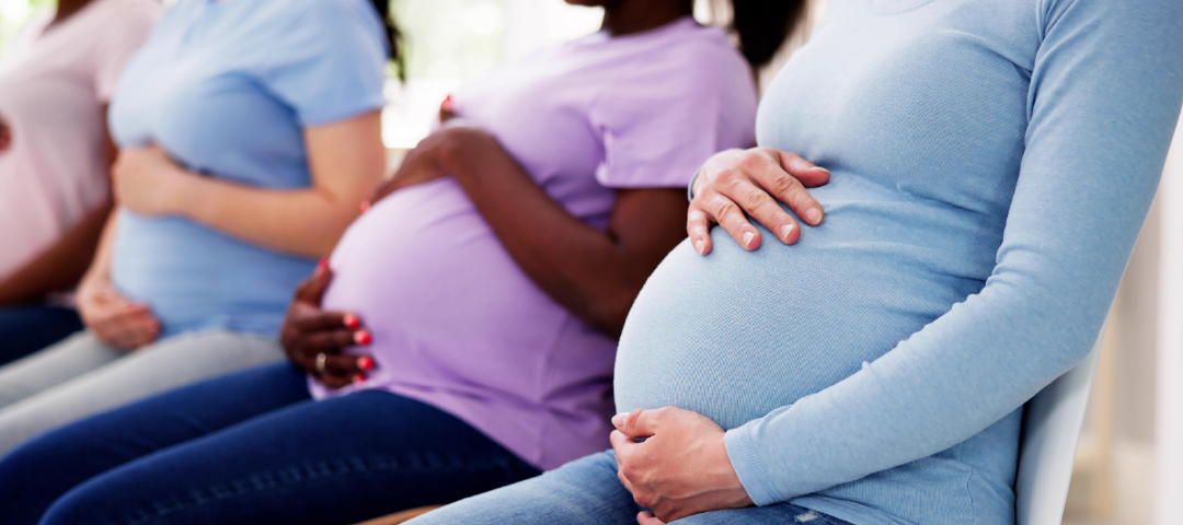 A group of pregnant women are sitting in a row holding their bellies.