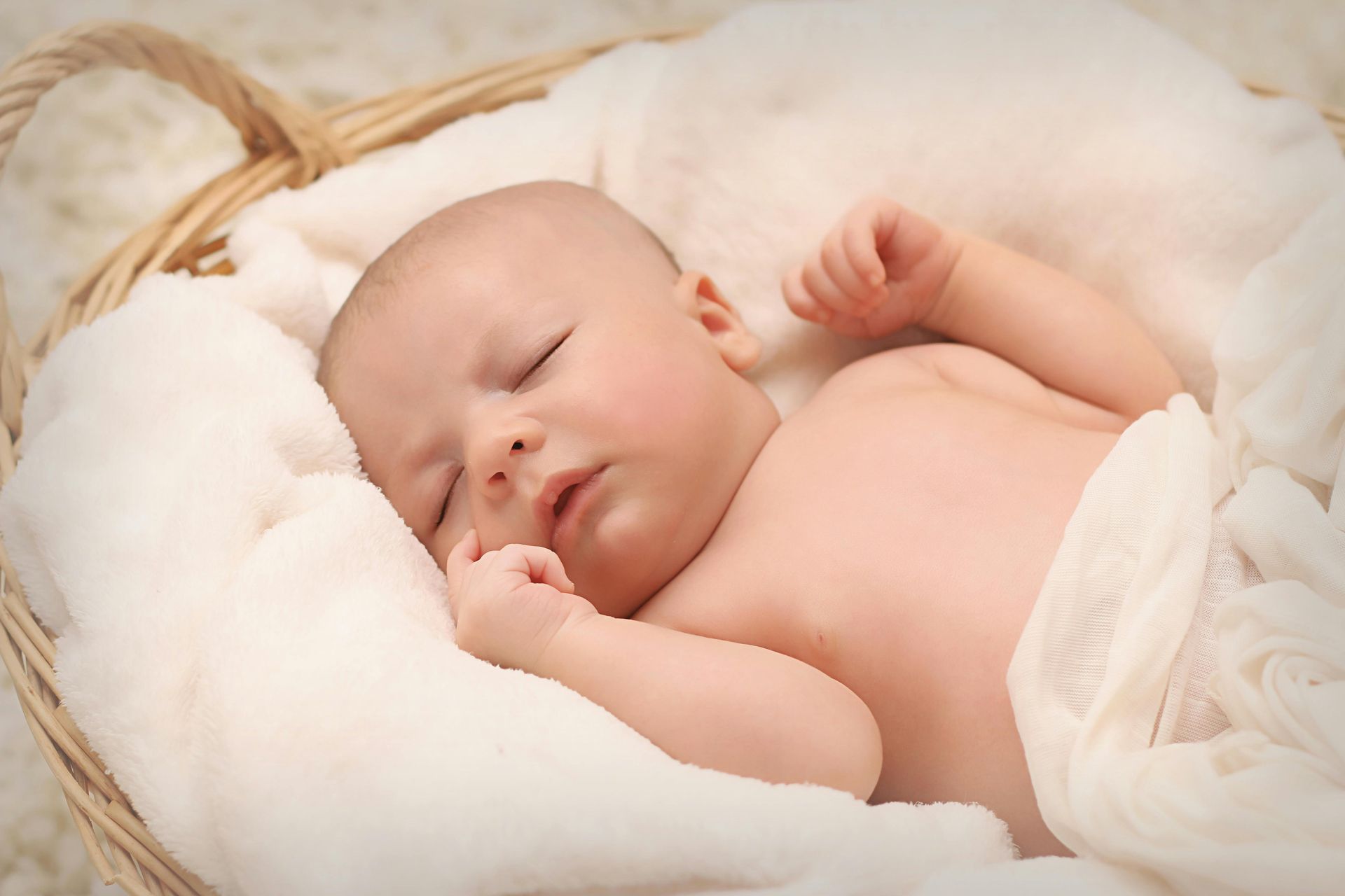 a newborn baby sleeping in a basket