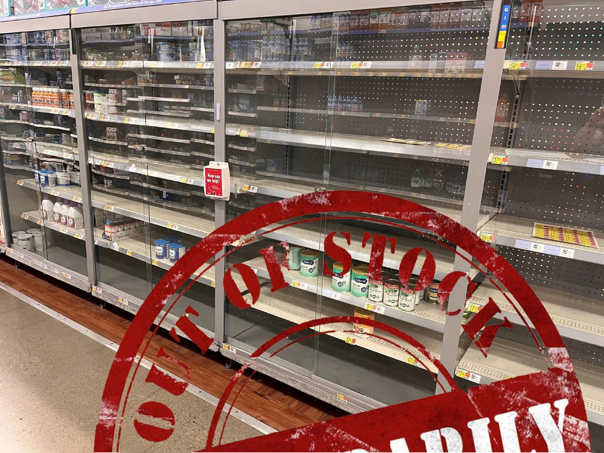 Empty shelves in a store with a stamp that says no entry