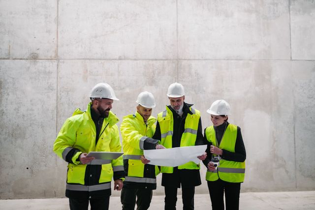 A group of construction workers are looking at a blueprint.