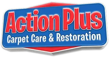 Action Plus Carpet Care & Restoration logo. Red and white text on a blue background.