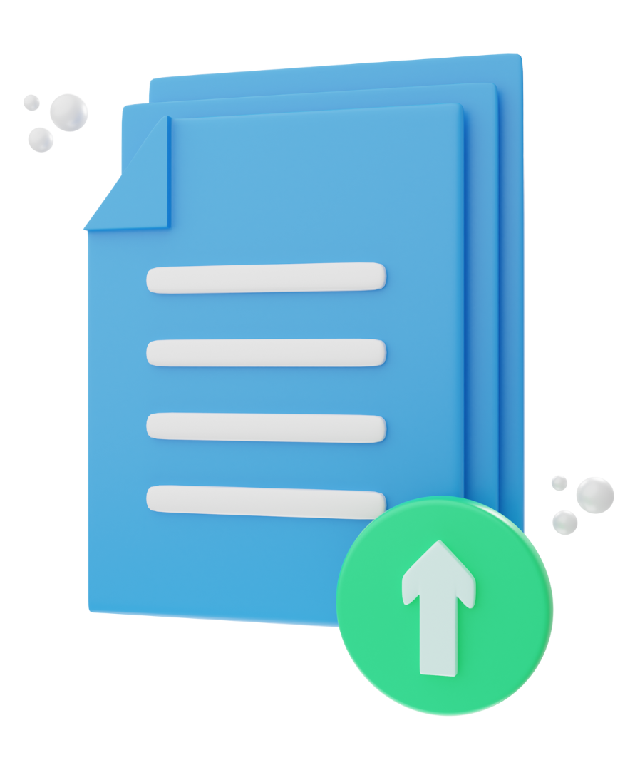 A stack of blue papers with a green arrow pointing up.