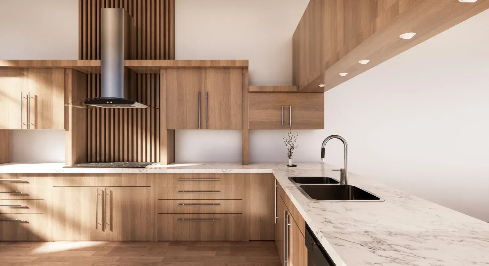 A kitchen with wooden cabinets , a sink , and a stove.