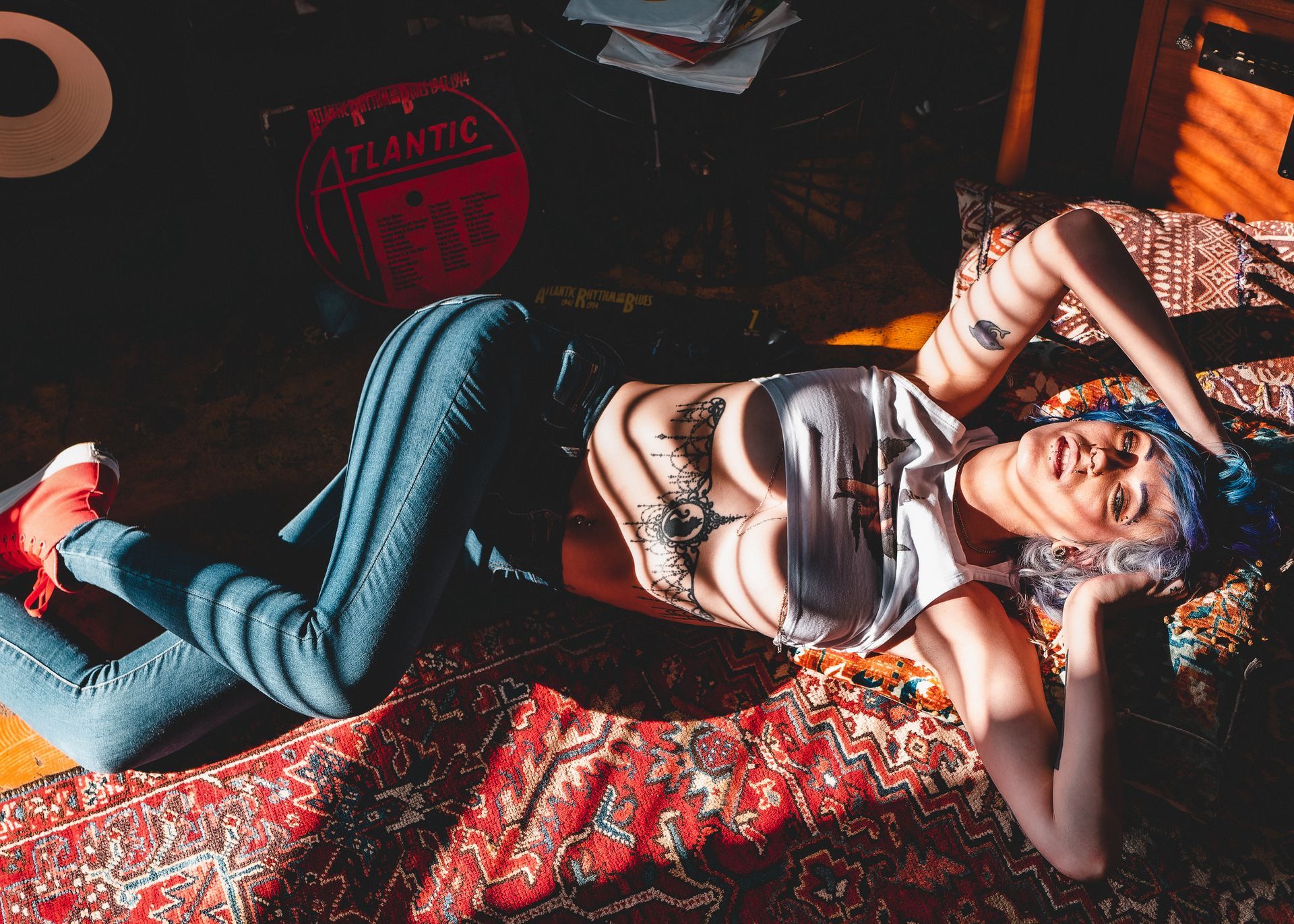 Kait, blue hair art model with extraordinary eyes, poising for Beauty In Space - Will Evans