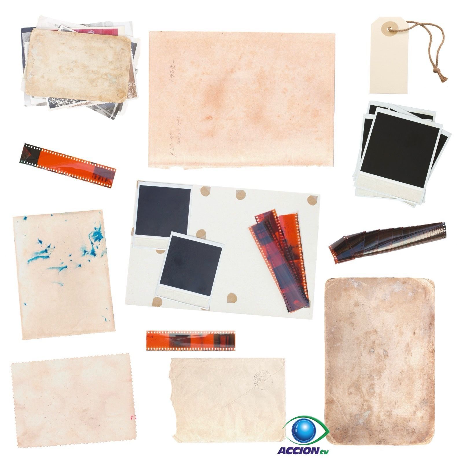 Una colección de fotografías y documentos antiguos con la palabra acción en la parte inferior derecha.