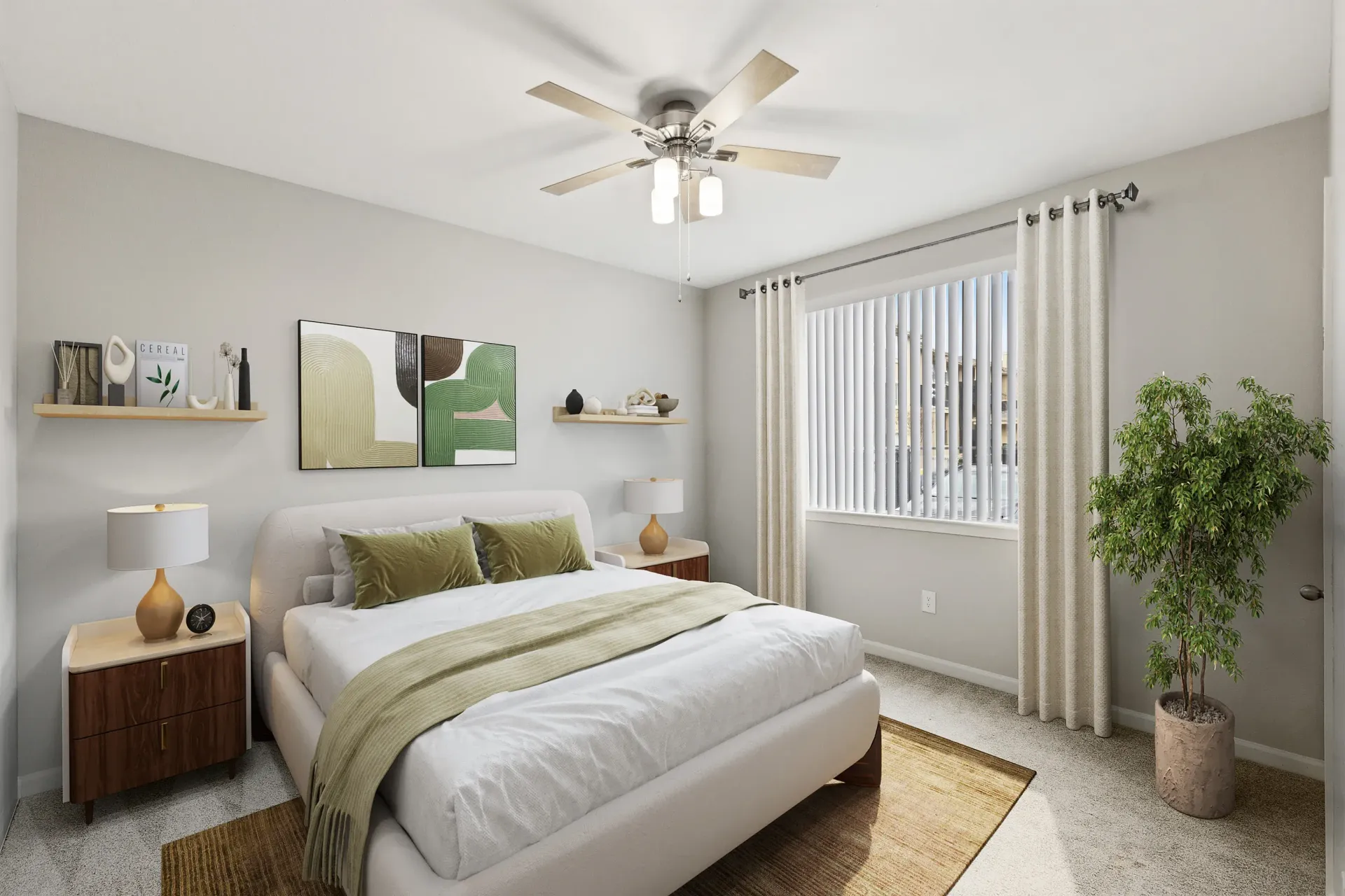 Bright bedroom with a plush white bed, two wooden nightstands, a ceiling fan, large window with vertical blinds, and a tall potted plant.