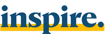 the word inspire is written in blue and yellow on a white background .