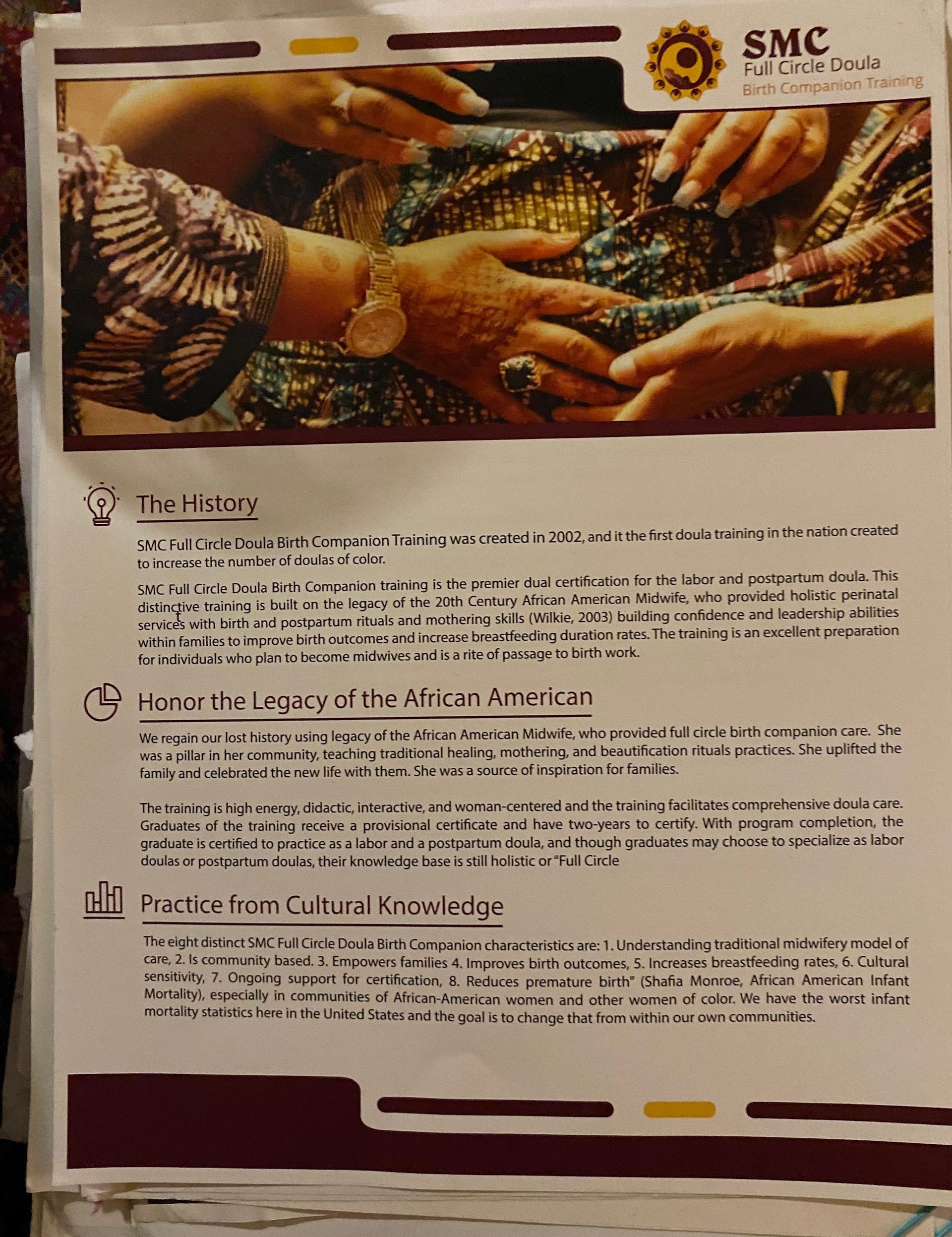 Flyer with image of hands, SMC logo, and text listing services offered.