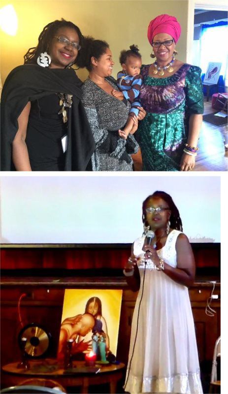 Top: Three women, one holding a child, posing together. Bottom: Woman speaking, next to artwork.