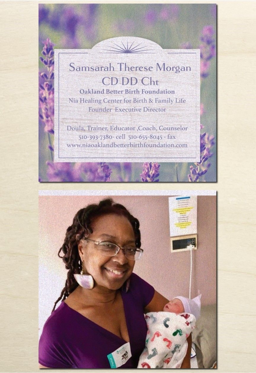 Business card with lavender background, and photo of a smiling person holding a newborn.