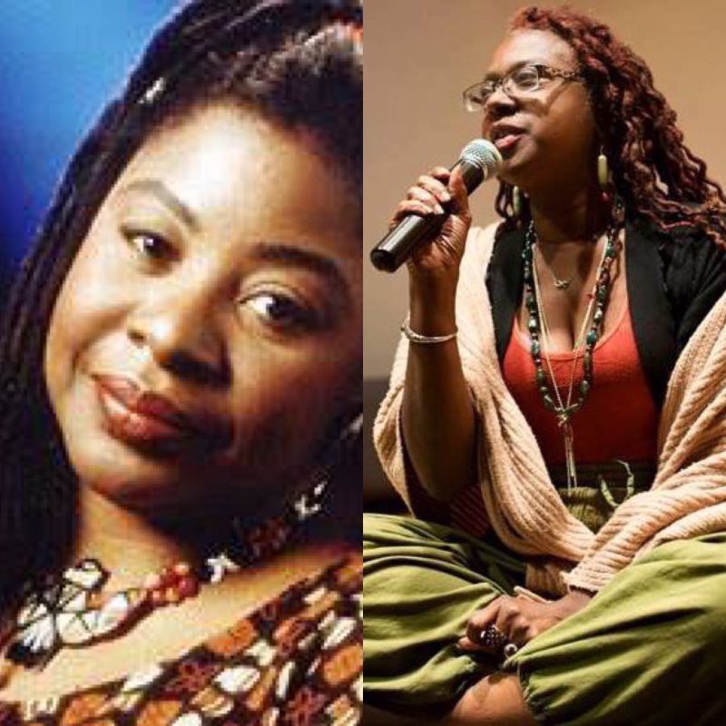 Woman in left panel; right panel woman holding microphone, speaking.