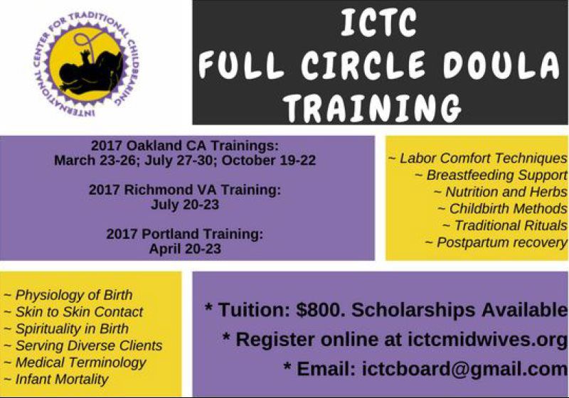 ICTC doula training advertisement: dates, locations, topics, tuition, and registration info.