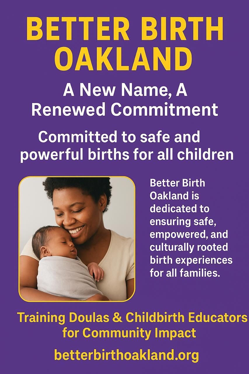Advertisement for Better Birth Oakland with a mother holding a baby. Purple background.