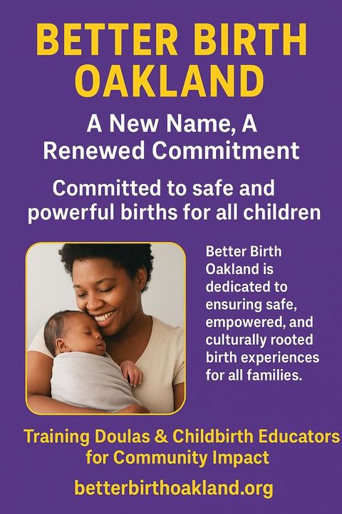 Advertisement for Better Birth Oakland with a mother holding a baby. Purple background.