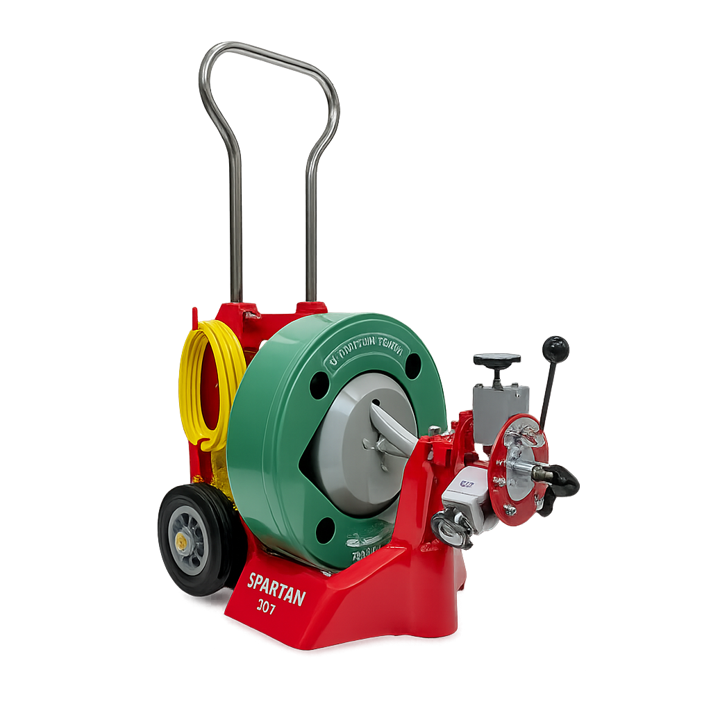 Red, green, and yellow Spartan 700 drain cleaning machine with coiled cable, wheels, and handle.