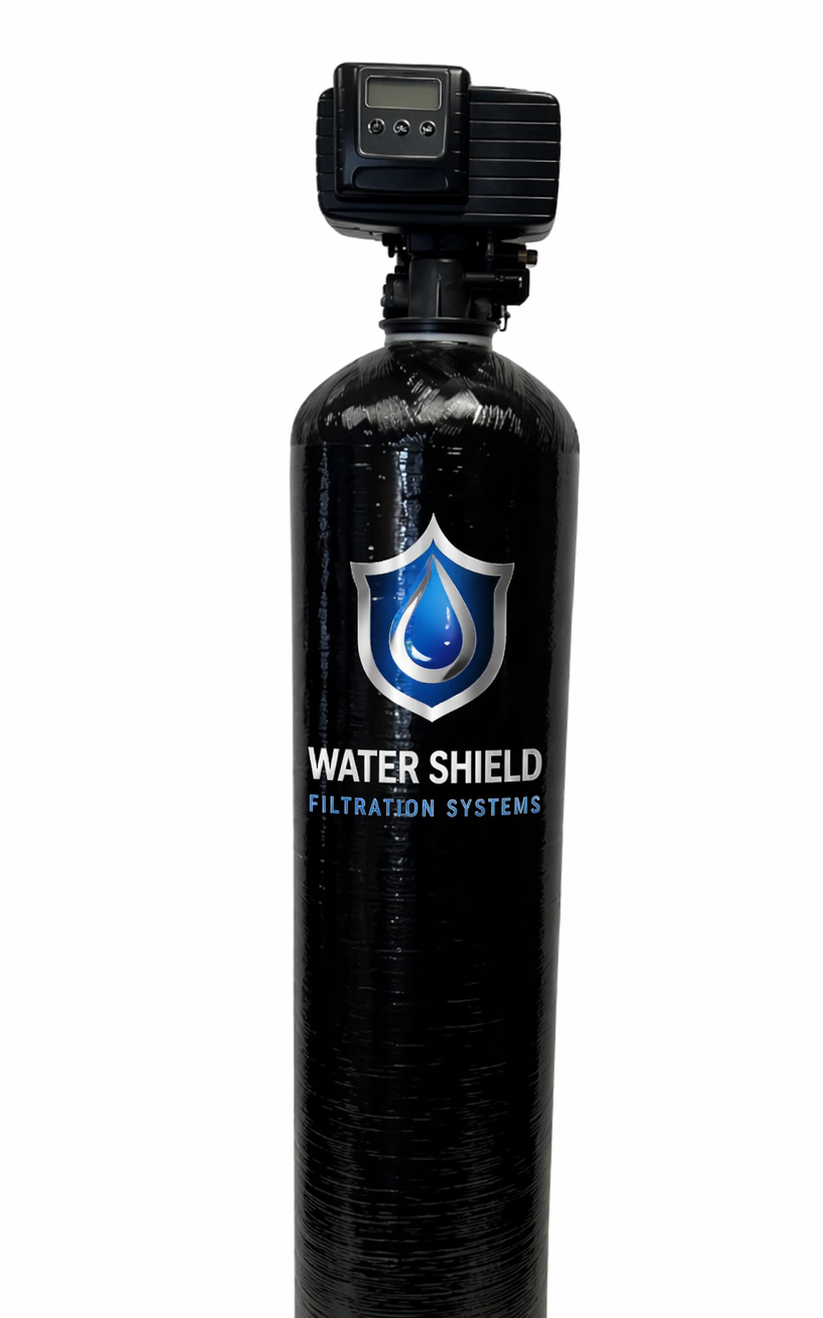 Black Water Shield water treatment tank with a digital control head on top, isolated on white background