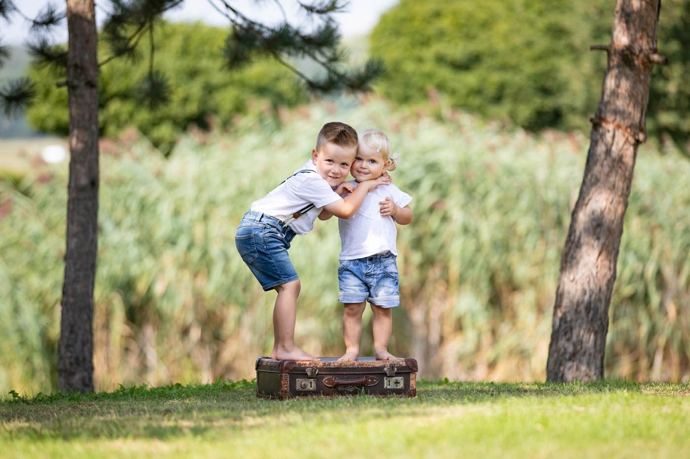 Zwei Kinder umarmen sich, stehend auf einem Koffer in einer grasbewachsenen Freiluftlandschaft mit Bäumen und Schilf.