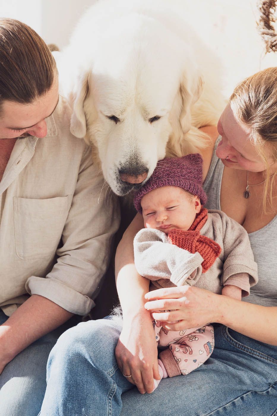 Eine Familie, zu der auch ein großer weißer Hund gehört, betrachtet ein Baby auf dem Schoß; alle lächeln.
