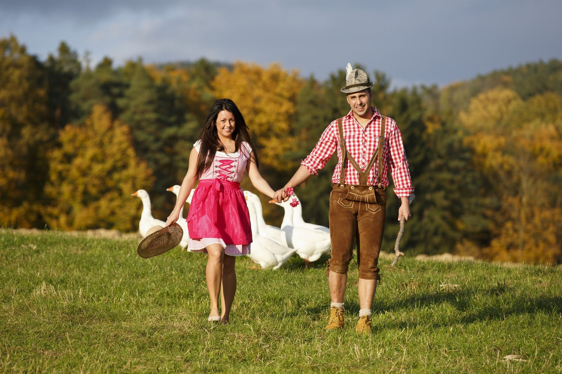 Ein Paar in bayerischer Tracht hält Händchen und spaziert über ein Feld mit Gänsen.