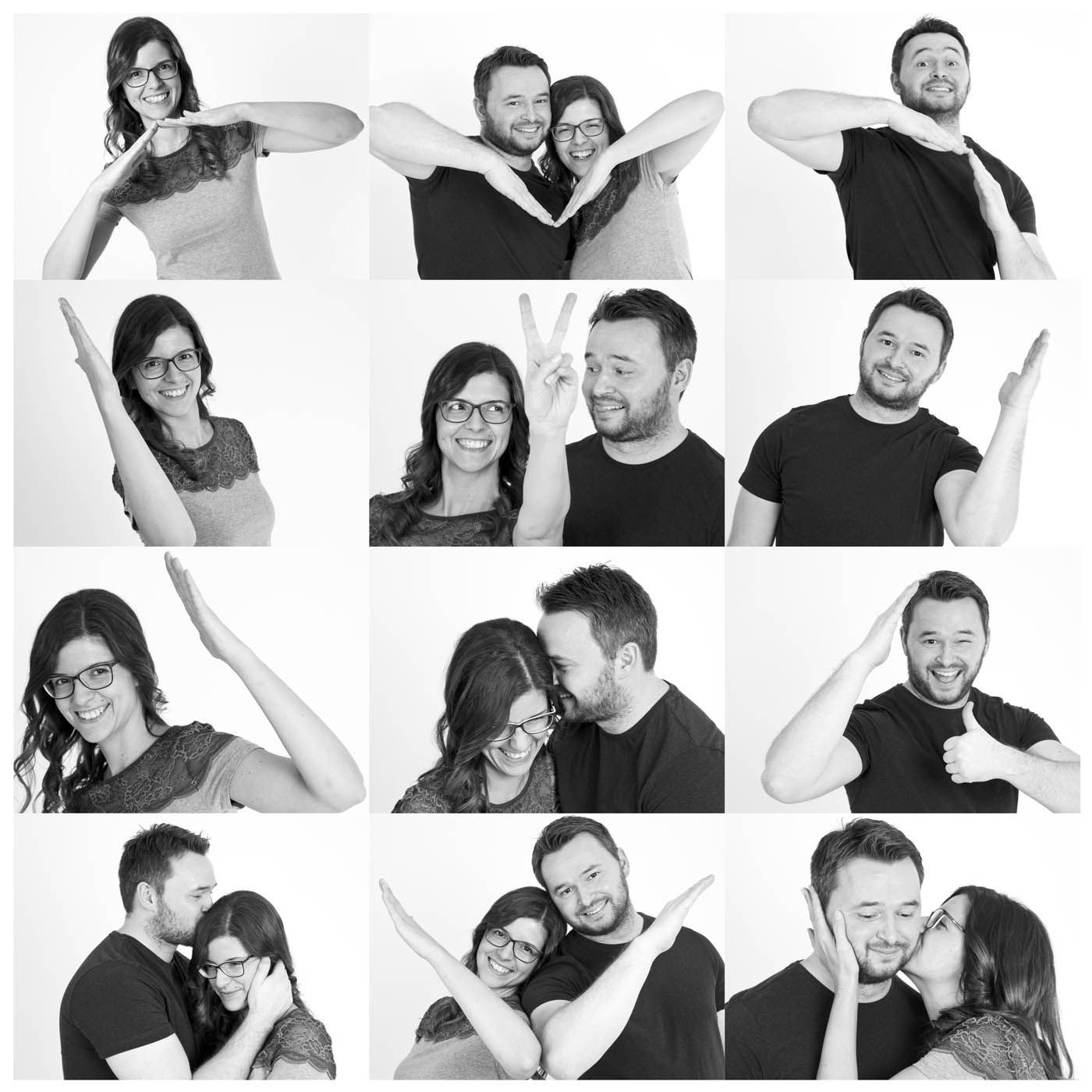 Collage einer Frau und eines Mannes in verschiedenen Posen, die unterschiedliche Handgesten und Gesichtsausdrücke zeigen.