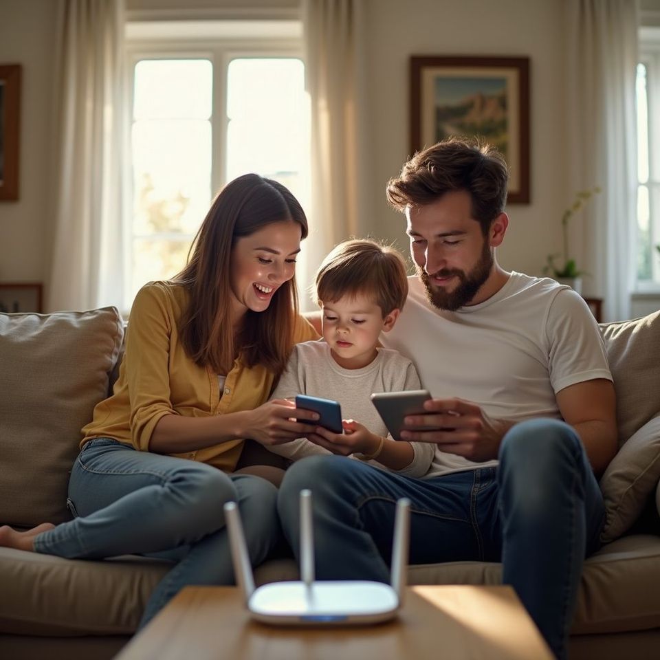 Dreiköpfige Familie auf dem Sofa nutzt Geräte, Router im Vordergrund; fröhliche Innenumgebung.