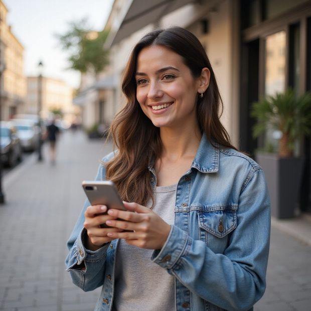 Frau mit lockigem braunem Haar, Brille und hellbrauner Jacke lächelt draußen auf ihr Telefon.