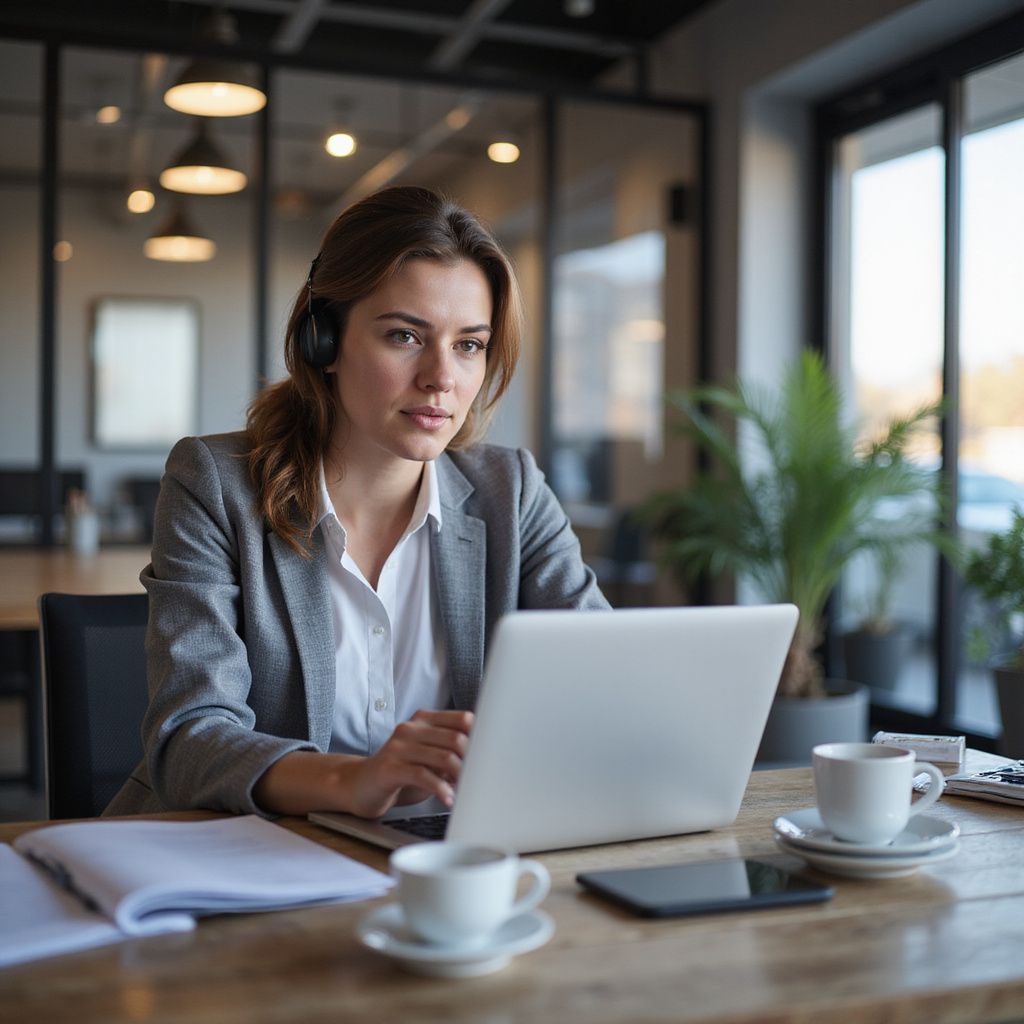 Frau im Blazer und mit Headset arbeitet an einem Laptop an einem Schreibtisch in einem Büro.