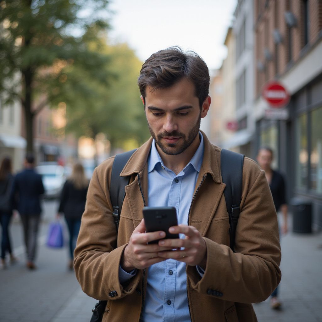 Mann schaut auf sein Telefon, während er auf einer Stadtstraße geht. Er trägt einen braunen Mantel und einen Rucksack.