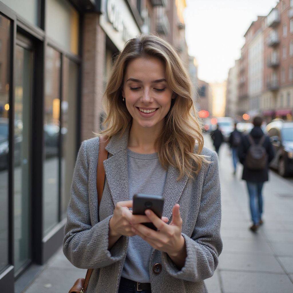 Lächelnde Frau, die auf einer Stadtstraße auf ihr Telefon schaut.