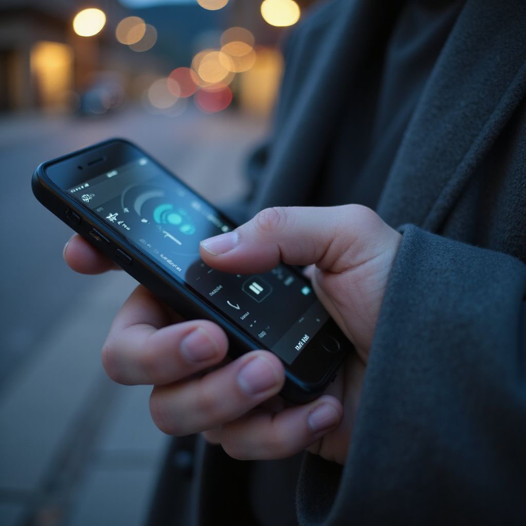 Person benutzt im Freien ein Smartphone. Schwarzes Telefon in der Hand, Bildschirm mit Bedienelementen. Unscharfer Hintergrund.