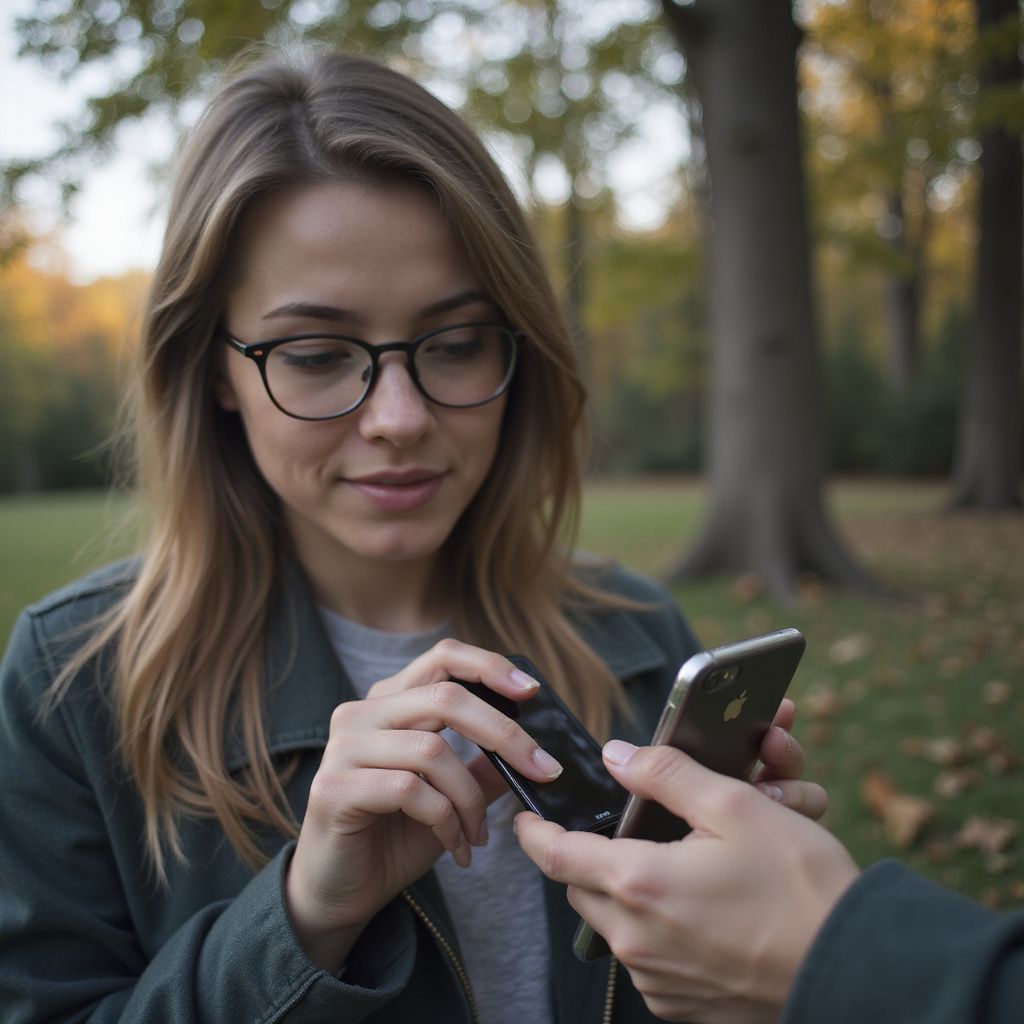 Frau mit Brille schaut auf ein Telefon und hält draußen einen stiftähnlichen Gegenstand. Grüne Jacke, Parkkulisse.