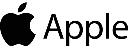 Apple-Logo mit einem schwarzen Apfel und dem Wort „Apple“ in schwarzer Schrift.