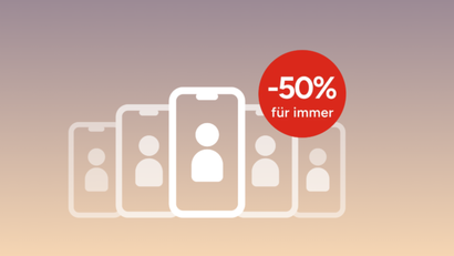 Fünf Telefonumrisse mit Personensymbolen, eines hervorgehoben. Roter Kreis mit -50 % Rabatt „für immer.“