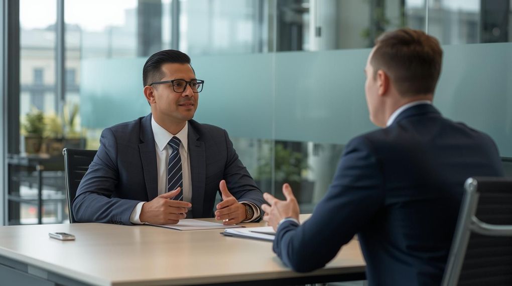 Zwei Männer in Anzügen sitzen an einem Tisch in einem Büro. Einer gestikuliert, während er spricht, der andere hört zu.