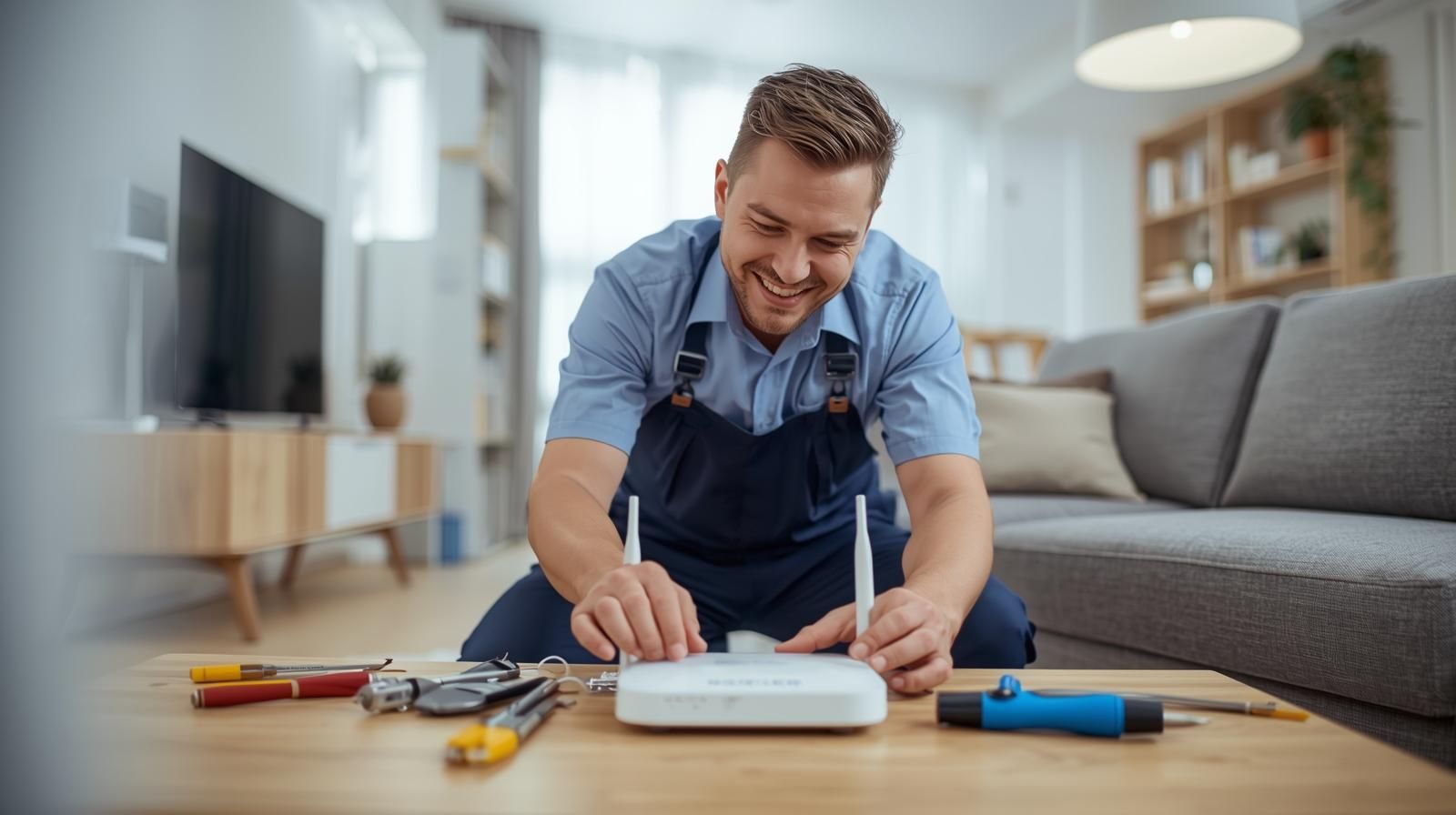 Lächelnder Mann im Overall installiert einen Router auf einem Tisch im Wohnzimmer. Werkzeuge in der Nähe.