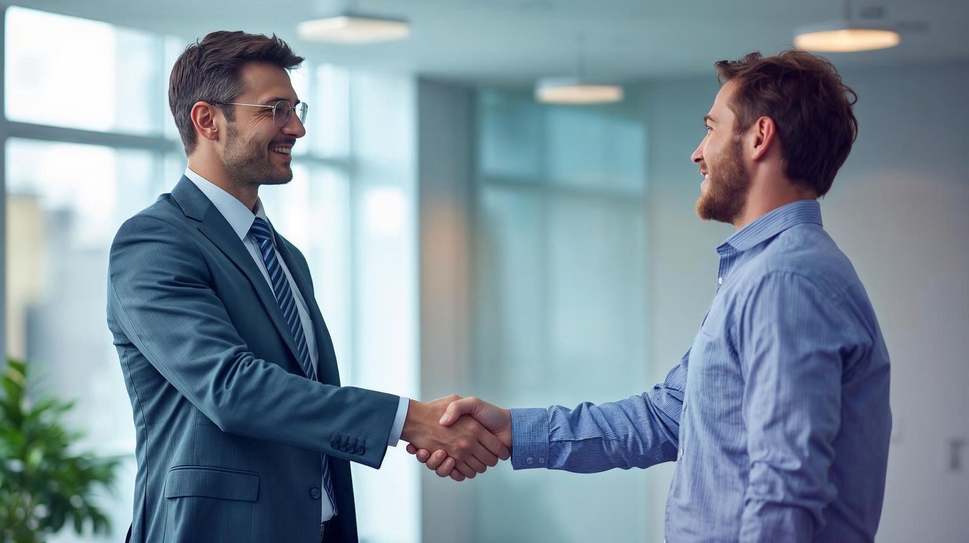 Zwei Männer im Büro geben sich lächelnd die Hand. Einer im Anzug, einer im blauen Hemd.