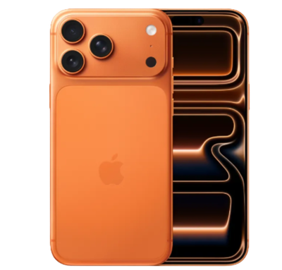 Orangefarbenes iPhone mit drei Rückkameras und einem Dynamic Island-Display.