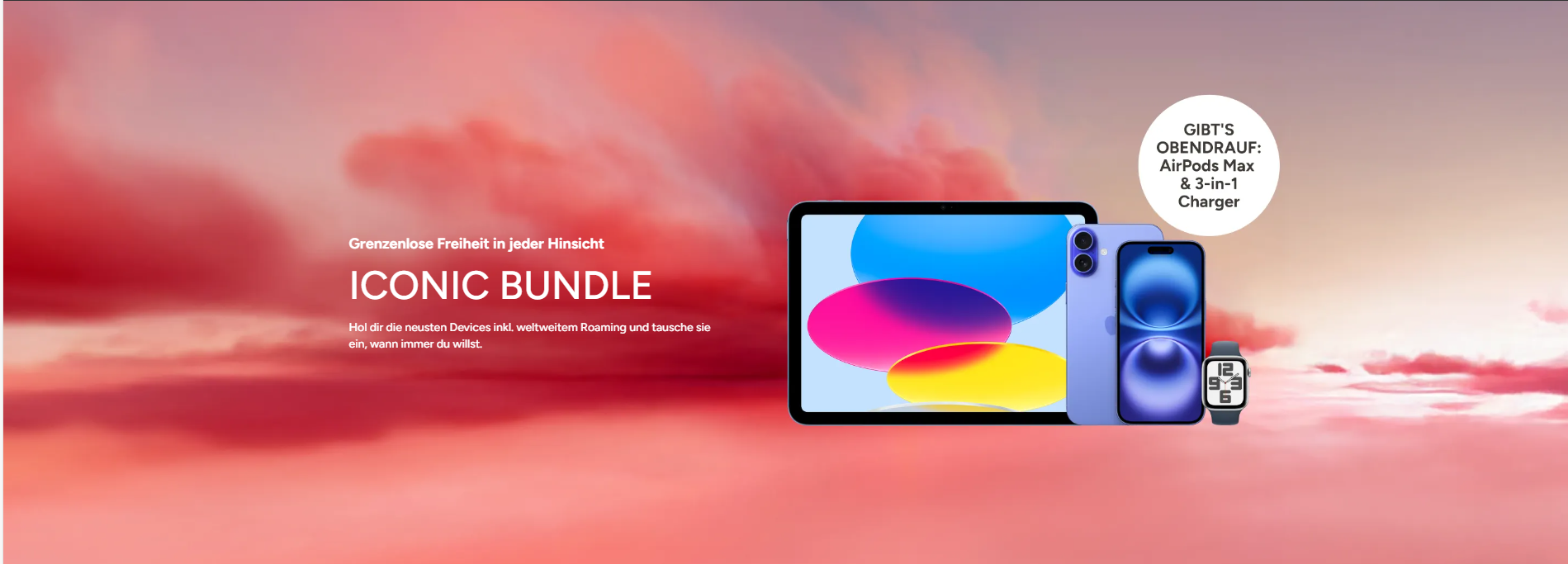 Eine Bundle-Anzeige für iPad, iPhone und Apple Watch auf einem rosa Hintergrund mit Farbverlauf und wolkenartigem Effekt.