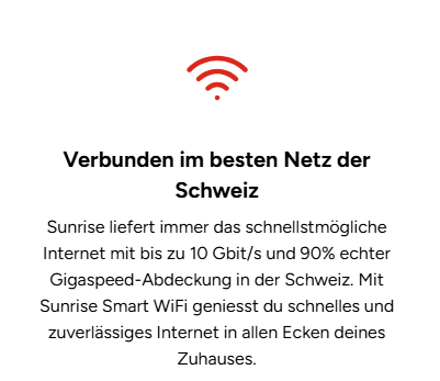 Sunrise-Werbung: WLAN-Symbol über dem Text wirbt für schnelles Internet in der Schweiz, bis zu 10 Gbit/s.