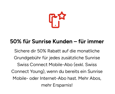 Aktion mit 50 % Rabatt auf Sunrise Swiss Connect Mobile-Abos für bestehende Kunden.